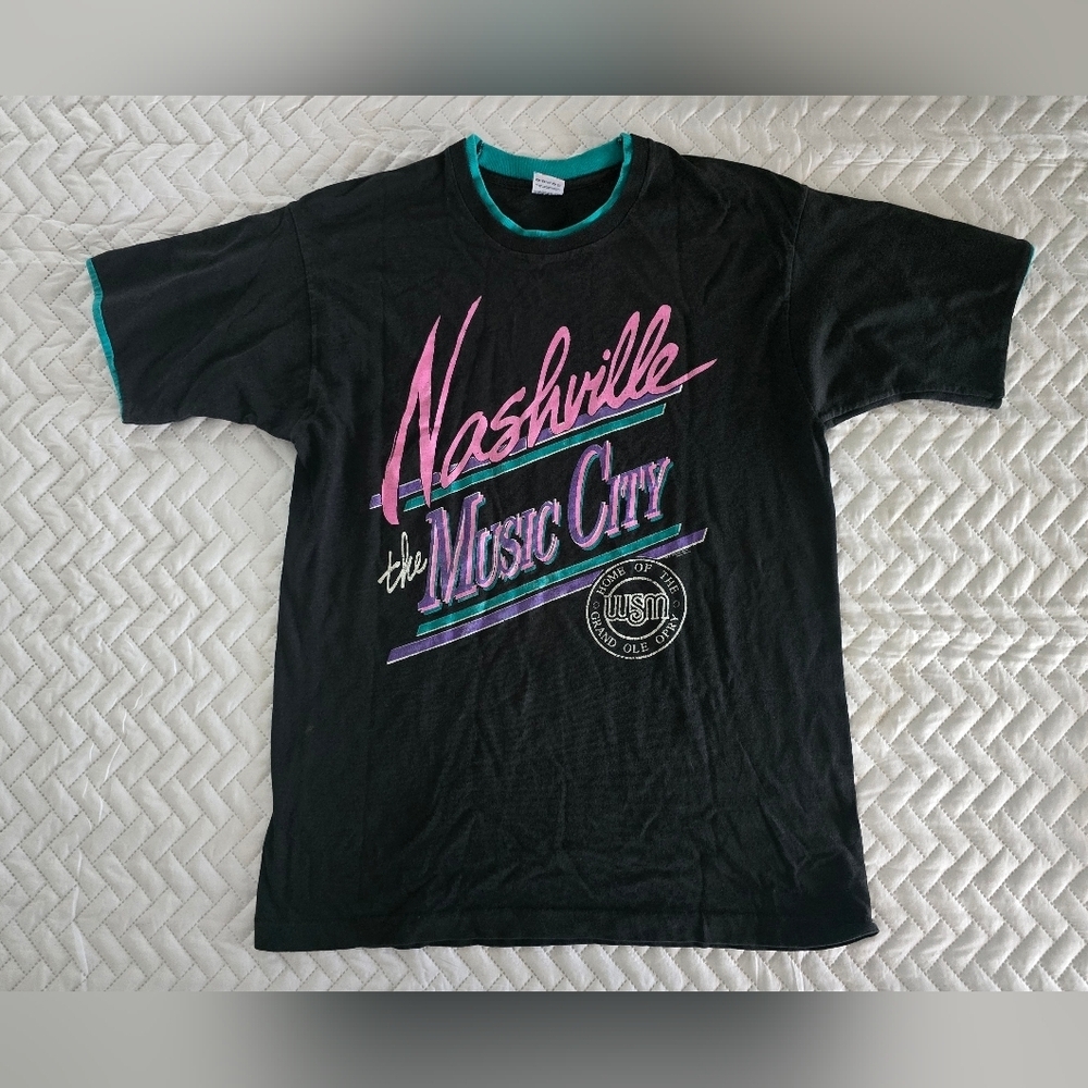 Vintage 90s Single Stitch Tee Nashville Music City Black Neon